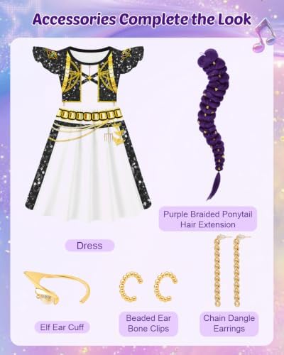 Halloween Costume Kids Pop Singer Golden Costume Girls with Wig Purple Braiding Ponytail Hair Extension Dress Set