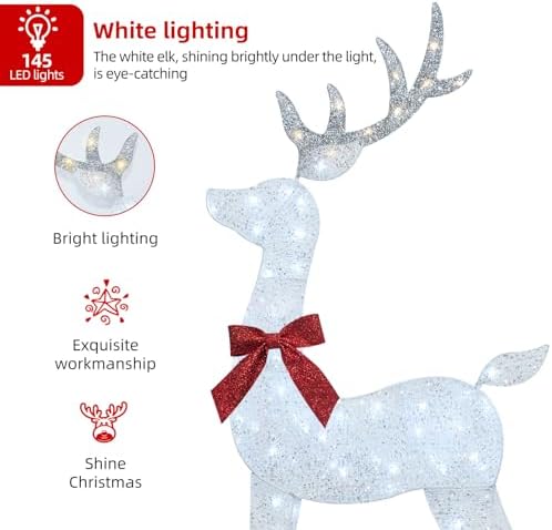 HOYECHI 4 FT Christmas Decorations Outdoor Lighted Reindeer – 3-Piece 2D Deer Family Set with 145 Warm White LED Lights for Yard, Lawn, Garden & Porch Holiday Display - White