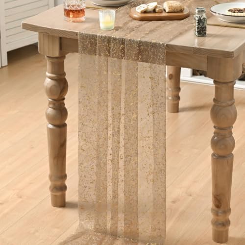 Artoid Mode 6PC Coffee Gold Gauze Table Runner 120 Inch 10FT, Glitter Metallic Foil Sheer Dining Wedding Anniversary Holiday Birthday Table Decor for Home Party