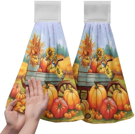 Fall Orange Pumpkin Kitchen Hanging Hand Towels Thanksgiving Autumn Sunflower Hand Towels with Loop Harvest Farmhouse Bath Towels Soft Absorbent Fingertip Tie Towel for Bathroom
