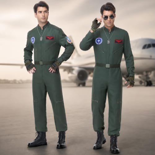 Men Fighter Pilot Costume Halloween Adult Flight Suit Jumpsuit 6PCS