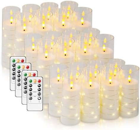 Flameless LED Candles with Timer 24 Pc Flickering Flameless Candles for Romantic Ambiance and Home Decoration Stable Acrylic Shell,with Embedded Star String，Battery Operated Candles（White）