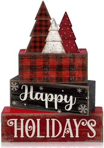 Moucuny 4 Pcs Wooden Block Signs Buffalo Plaid Holiday Farmhouse Decor