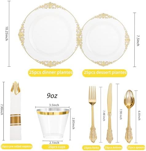 Hioasis 175pcs Clear and Gold Plastic Plates 10.25"