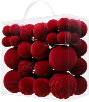 52pcs Velvet Christmas Ball Ornaments, Burgundy Flocked Shatterproof Christmas Tree Decorations Hanging Xmas Decorative Ornaments Set for Home Party Holiday Decor（Burgundy）