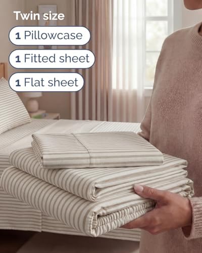 Twin Size 3 Piece Sheet Set - Breathable & Cooling Sheets - Beige Stripes