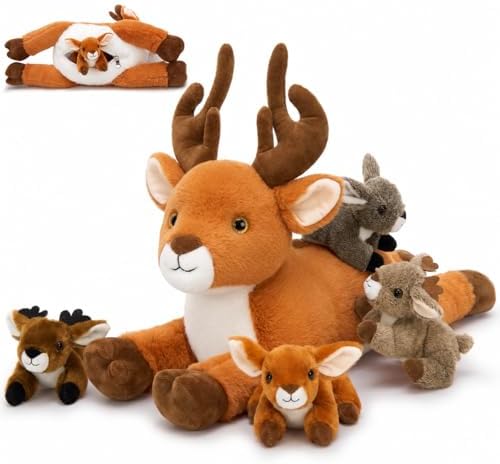 MorisMos Plush Deer Stuffed Animal, 18" Mommy Stuffed Deer with 4 Babies