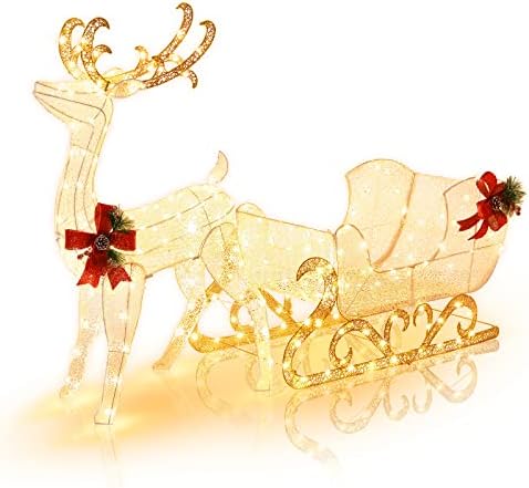 Tangkula 6 FT Christmas Lighted Reindeer & Santa’s Sleigh Set, Warm White