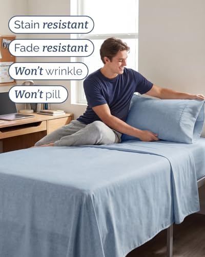 Twin XL Size 3 Piece Sheet Set - Breathable & Cooling - Heathered Blue