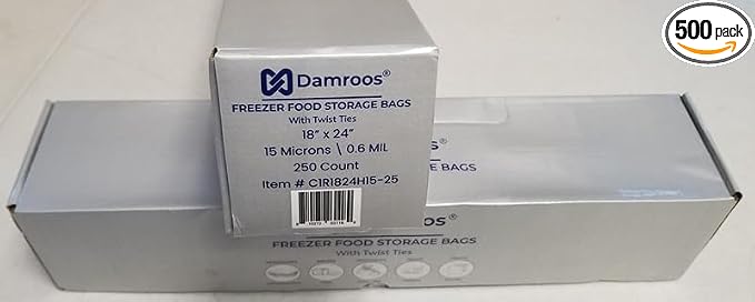 500 Freezer Food Storage Bags, 18" W x 24" H (Width x Height), with Plastic Ties. Clear Plastic Bags on Roll, High-Density Polyethylene, 15 Micron, 250 Bags/Roll, 1 Roll/Box. 2 Box/Order (2)