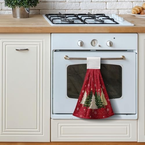 Red Christmas Tree Kitchen Hanging Towels Xmas Trees Snowflakes Hand Towels with Hanging Loop Winter Holiday Farmhouse Dish Washcloths Soft Absorbent Fingertip Bath Tie Towel Set of 2