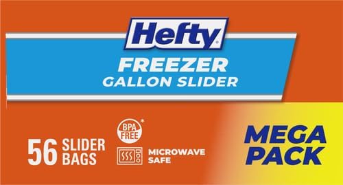 Hefty Slider 1 Gallon Freezer Bags, Gallon Slider Bags for Freezer, Holds Raw Meat, Soups, Prepped Fruits and Veggies, and More, Writable Label, Secure Zip_and Click Closure 56 Count (Pack of 4)