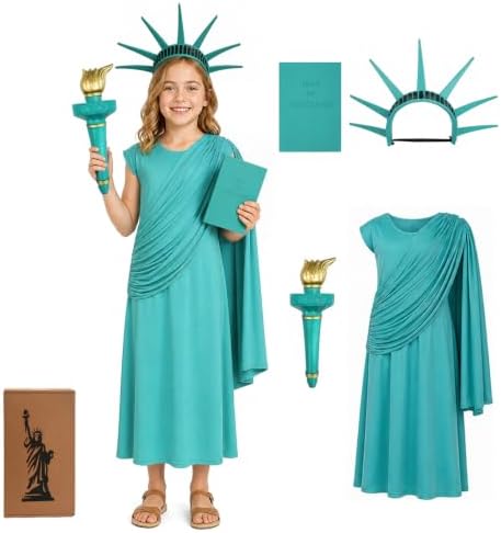VZQI Statue of Liberty Costume for Girls, Dress Crown Torch Book