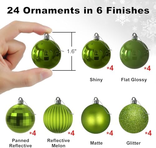 Lime Green 1.6" Small Christmas Balls Christmas Tree Decoration Ornaments Shatterproof Hanging Balls for Birthday St. Patrick's Day Easter Mardi Gras Holiday Wedding Decorations Set of 24pcs