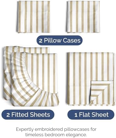 Split King Size 5 Piece Sheet Set - Breathable & Cooling - Beige Stripes