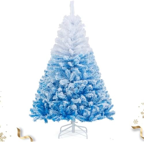 HAPPYGRILL 5 FT Flocked Christmas Tree Blue Hinged Xmas Tree with 456 Branch Tips & Folding Metal Stand, Artificial Christmas Tree for Home Office Carnival