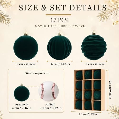12Pcs Green Velvet Christmas Ornaments 2.36In Balls for Christmas Tree Deco