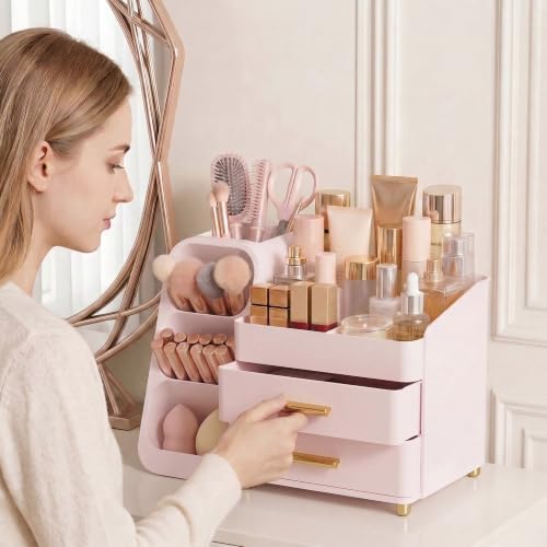 Large Capacity Makeup Organizer Countertop with Makeup Brush Holder for Vanity, Thickened Material, Bathroom Countertop Organizer Skin Care Perfumes Storage, Teen Girl Gifts for 12-23 Year