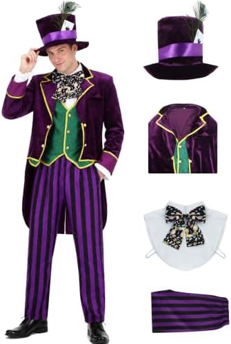 The Hatter Costume Men Mad Tea Party Master Outfits Adult Story Book Character Tuxedo Pants Dicky Collar Top Hat Set
