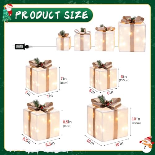 DomKom Set of 4 Christmas Lighted Gift Boxes, 70 Led Light Up White Iron Frame Present Box with Pine Cones Bows for Christmas Tree Party Yard Holiday Indoor Outdoor Decoration