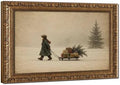 Vintage Child Sled Wrapped Boxes Evergreen Snow Christmas Canvas Wall Art