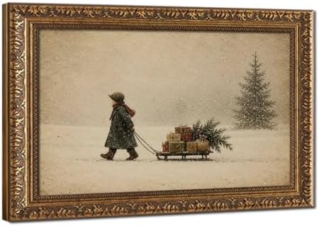 Vintage Child Sled Wrapped Boxes Evergreen Snow Christmas Canvas Wall Art