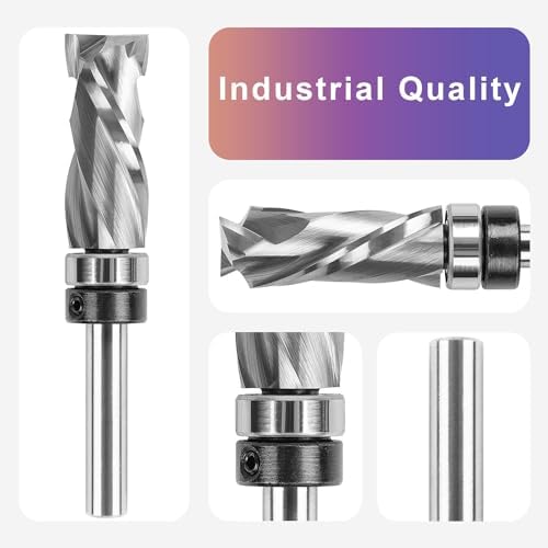 SpeTool Carbide Compression Top Bearing Flush Trim Router Bit 1/4" Shank 1/2" Cutting Diameter Extra Long Spiral Pattern Template Router Bit for Woodworking Edge Trimming