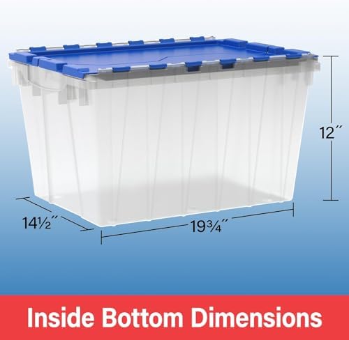Akro-Mils KeepBox 12 Gal Storage Box, Lid Attached, Stackable, Clear/Blue