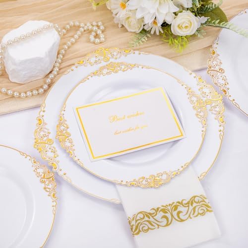 Hioasis 210 Pcs White Gold Plates for Party
