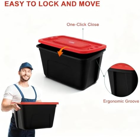 SIMPLYKLEEN 4-Pack Christmas Storage Bins with Lids - Made in USA 18-Gallon(72-Quart)Red Storage Totes,Holiday Organizer,Plastic Stackable Large Storage Boxes for Home,Office,Garage,Basement Red/Black