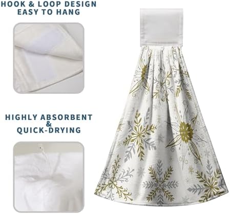 Christmas Snowflakes Kitchen Hanging Towels Set of 2 Gold Snowflake Winter Kitchen Towels with Hanging Loop Xmas Holiday Hand Towel Oven Stove Dish Towel Soft Absorbent Bath Tie Towels