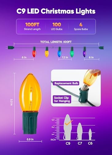 Vintage C9 Christmas Lights Outdoor, 100Ft 100 LED Multicolor String Lights