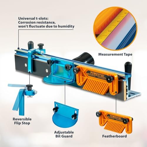 POWERTEC Router Table Fence Kit Deluxe System 3-3/8” Tall 24" Long, Router Table Top, Routing Tables for Woodworking w/Reversible Flip Stop, Dust Port, Adjustable Bit Guard, Featherboard - 71536E