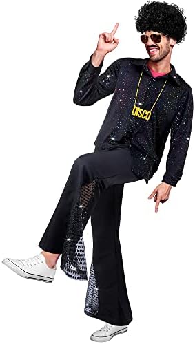 Mepase 6 Pcs Men 70s Disco Outfit Bell Bottom Pants Wig