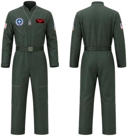 Men Fighter Pilot Costume Halloween Adult Flight Suit Jumpsuit 6PCS