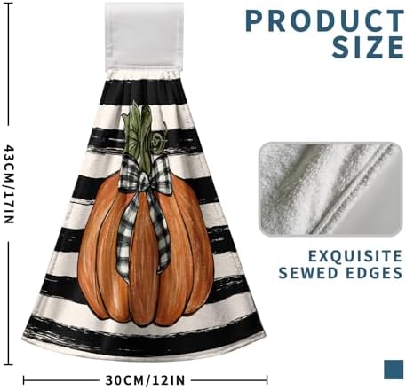Fall Pumpkin Maple Leaves Kitchen Towels with Hanging Loop Autumn Thanksgiving Stripe Hand Tie Towels Soft Absorbent Fingertip Bath Towel Oven Stove Dish Washcloths Set of 2