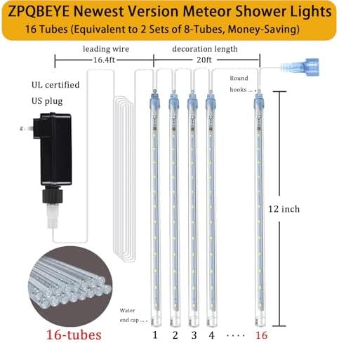 Christmas Outdoor Meteor Shower Lights 16-Tube 384LEDs Falling Rain Lights