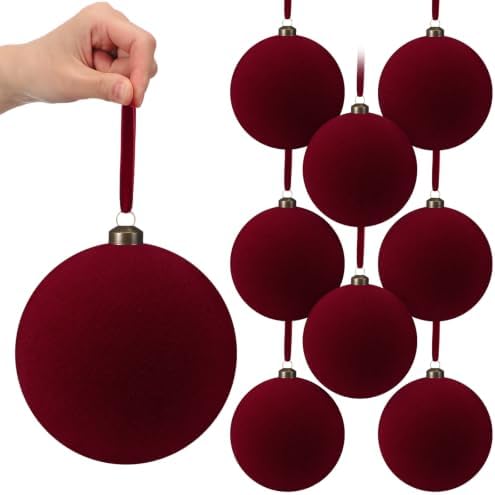 RoundFunny 8 Pcs 6 Inch Velvet Flocked Christmas Ball Ornaments, Burgundy