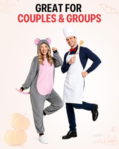 5 Pcs Adult Mouse and Chef Costume for Couples, Gray Rat Jumpsuit Set
