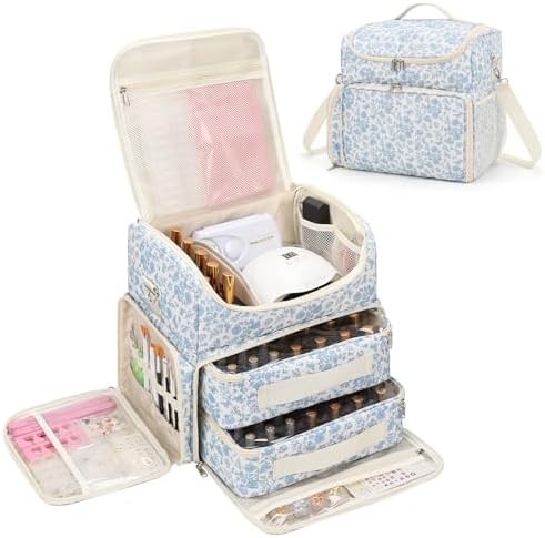 CUBETASTIC Extra Large Nail Polish Organizer Case Holds 86 to 100+ Bottles Nail Polish & Nail Lamp, Nail Supplies Storage Carrying Bag with 2 Removable Pouches (Blue Floral, 86 Slots)