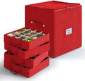Hearth & Harbor Christmas Ornament Storage Box With 4 Inner Tray Dividers - Non-Woven Ornament Storage Container For 64 Holiday Ornaments or Decorations - Red