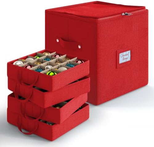 Hearth & Harbor Christmas Ornament Storage Box With 4 Inner Tray Dividers - Non-Woven Ornament Storage Container For 64 Holiday Ornaments or Decorations - Red