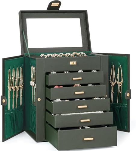 AKOZLIN 6-Tier Jewelry Box Organizer 5 Drawers Storage Medium Dark Green