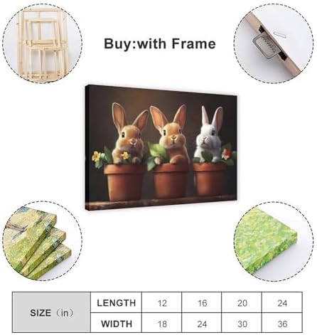JDBeehpy Three Rabbits in Flowerpot Canvas Painting Prints Framed 24x36in
