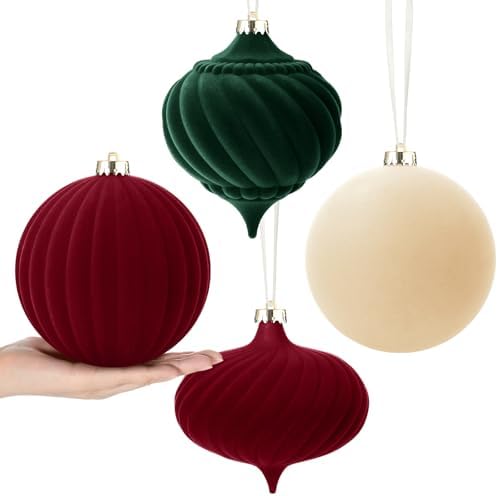 Civaner 4 Pcs Large Velvet Christmas Ball,6 Inch,Beige,Burgundy,Green