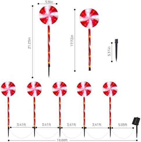 BRIGHTDECK 5 Pack Solar Christmas Pathway Lights, Red Lollipop Stakes