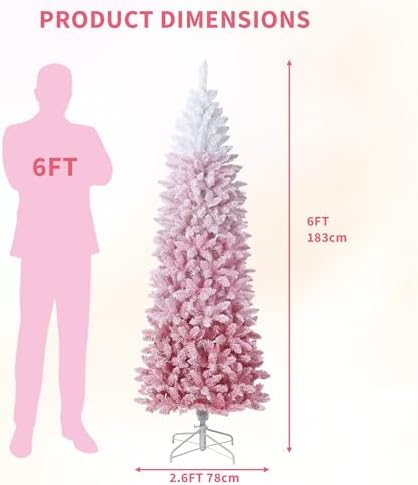 GarveeHome 6 ft Prelit Artificial Christmas Tree with RGB & Warm White Lights, Pre-Lit Snow Flocked Pencil Christmas Tree, Foldable Base,Holiday Decoration for Home, Office, Party,Pink Gradient