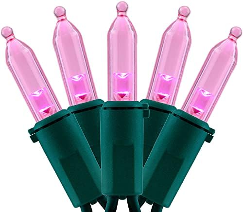 YULETIME 200 Pink LED Christmas Lights, 66 ft Green Wire UL String Light