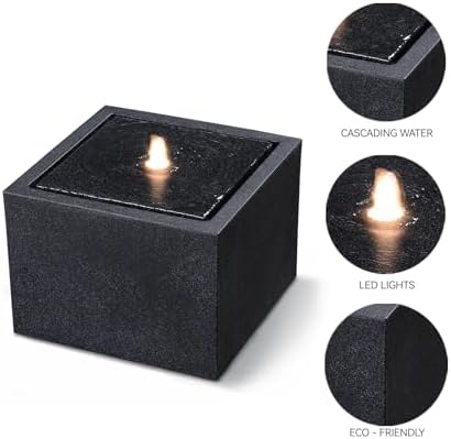 12.79” H Outdoor Water Fountain Made with Eco-Friendly Recyclable Materials, Polyethylene Square Bubbler Outdoor Fountain, Garden Decor with LED Light for Patio, Porch, Backyard