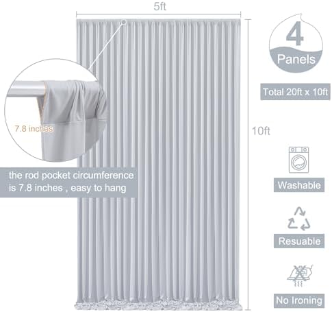 4 Panels Silver Grey Backdrop Curtain for Parties Wedding Wrinkle Free Silver Grey Photo Curtains Backdrop Drapes Fabric Decoration for Birthday Party Baby Shower 20ft(W) x 10ft(H)